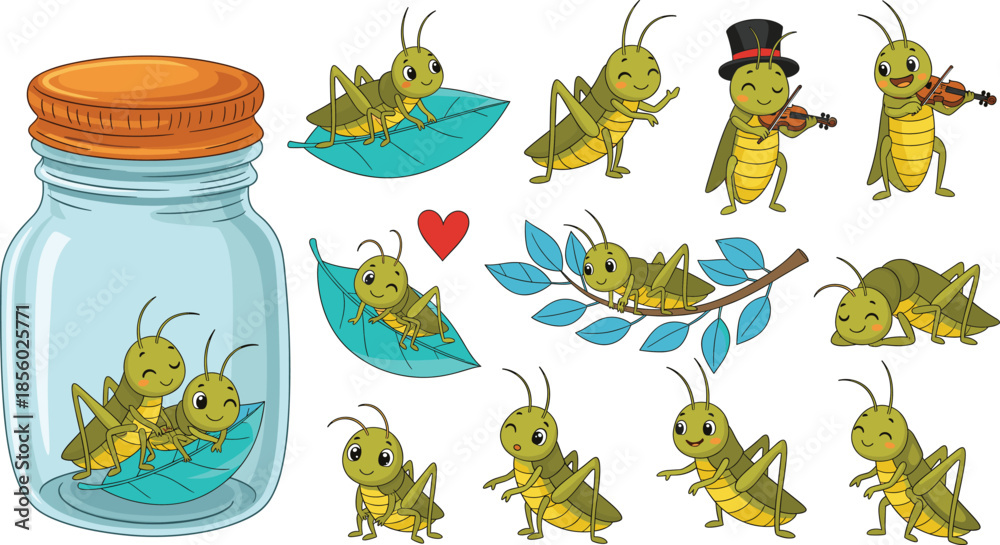 Fototapeta premium Cute cartoon grasshopper character vector set featuring grasshoppers in a glass jar playing violin and sitting on green leaves.