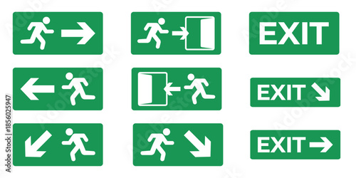 emergency exit sign icon set with running man, arrows, and exit text isolated on white background. Safety evacuation symbols ideal for buildings, public areas, signage systems, and instruction designs
