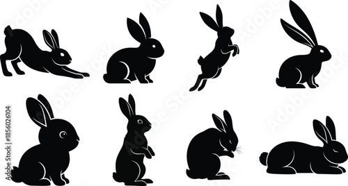 Various silhouettes of rabbits isolated on white background, Vector, illustration
