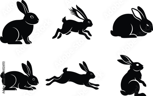 Six silhouettes of rabbits in various poses isolated on white background, Vector, illustration