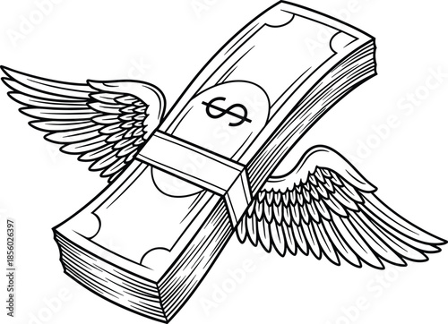 Money flying with wings concept of wealth flying away illustration isolated on transparent background vector design template