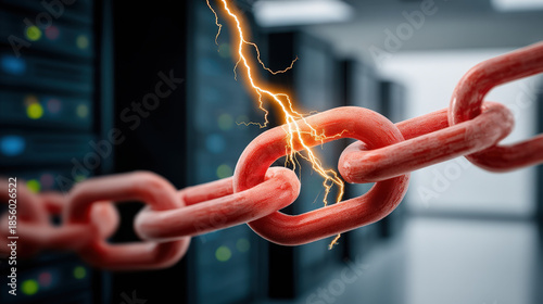 Cyber security chain lightning concept, red link electrified, data center background, digital safety risk, strong connection tension