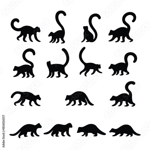 Collection of ring-tailed lemur silhouettes in various poses