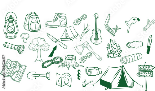Collection of hand drawn green line art icons representing essential outdoor camping and hiking adventure equipment necessary for wilderness survival and exploration activities.
