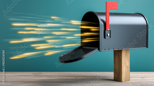 Mailbox mail delivery post communication message concept speed modern black mailbox with glowing light trail symbolizing fast digital mail delivery