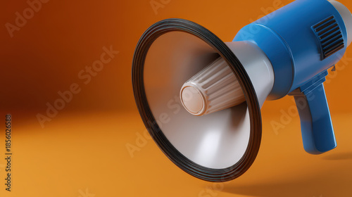 Megaphone loudspeaker blue orange communication announcement sound message 3d render digital design Modern blue megaphone orange background with