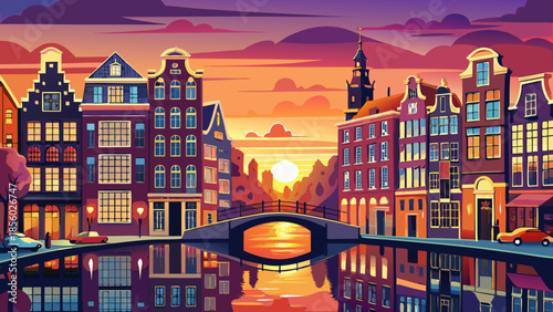 Very beautiful sunset view of Amsterdam’s skyline along a peaceful canal waterfront, with glowing reflections, classic Dutch houses, and a calm evening atmosphere highlighting the city’s romantic char
