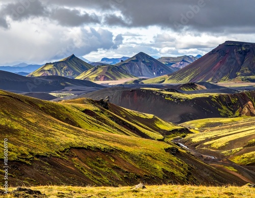 AI Generated Mountain Landscape with Green Hills and Dramatic Sky and star fish
