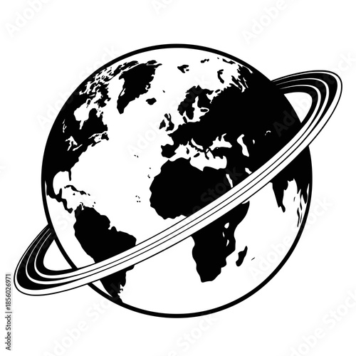 A black and white illustration of a planet with rings