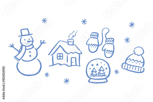 Winter set snowman house mittens snowglobe hat doodle vector illustration