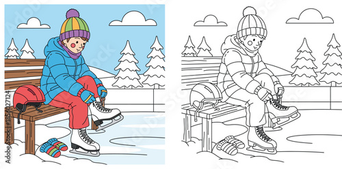 Coloring page of boy putting on ice skates on bench, vector illustration with outline and color example for kids winter sport activity