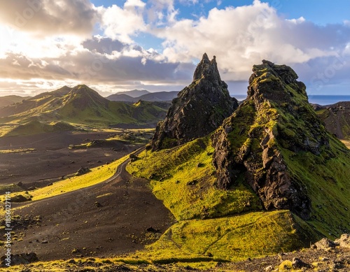 AI Generated Mountain Landscape with Green Hills and Dramatic Sky and star fish