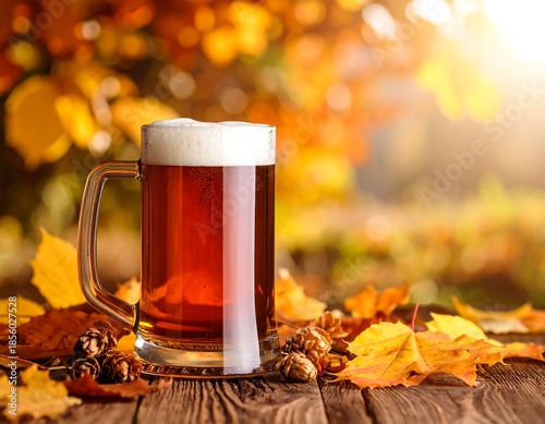 A large glass mug of amber-colored beverage with frothy foam sits on a wooden surface, surrounded by fallen leaves and autumnal foliage