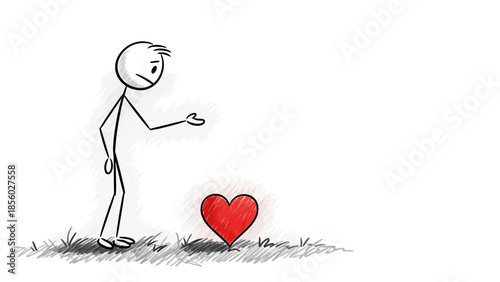 A simple stick figure with a sad expression offers an open hand towards a glowing red heart on the ground.