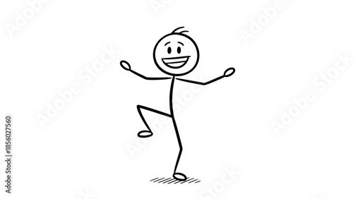 A cheerful stick figure drawing with a smiling face, standing on one leg with arms outstretched, depicting joy and balance.