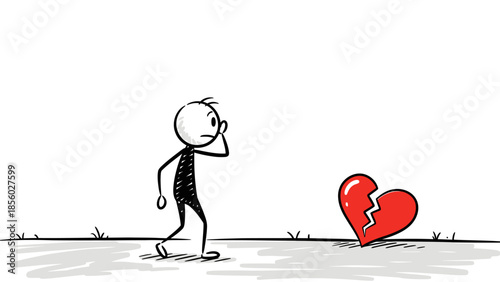 A stick figure looking sadly at a broken red heart on the ground, symbolizing heartbreak or loss.
