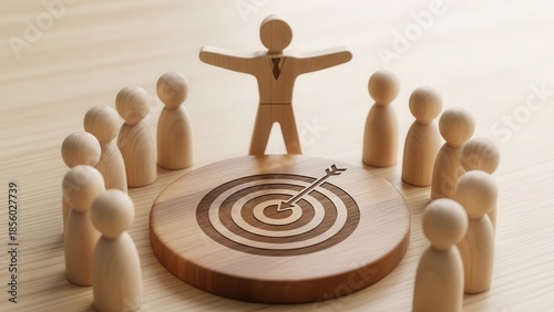 Minimalist, warm-toned wooden peg people arranged in a circular formation around a detailed, engraved wooden target board with a central arrow, featuring a larger peg person with outstretched arms