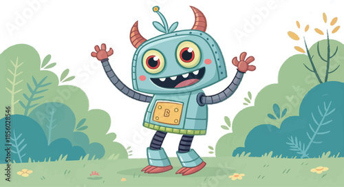 Cute cartoon robot with red horns and big eyes waving in a green grassy field character monster