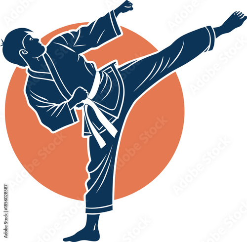 Dark blue silhouette of a martial artist performing a high kick against an orange circle martial arts