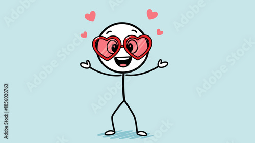 A happy stick figure with heart-shaped glasses and hearts floating around its head, expressing love and joy.