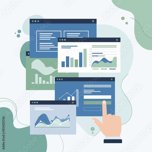 A hand interacts with multiple browser windows displaying various charts and graphs on a stylized background with abstract shapes in whisks HCMV35 via RJ Whisk Auto.
