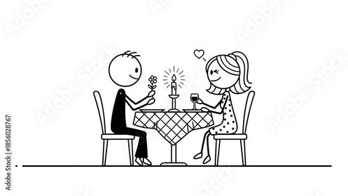 Stick figures enjoying a romantic candlelit dinner date, man offering flower to woman.