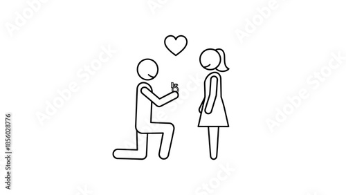 A man on one knee proposes to a woman with a ring and a heart above them.