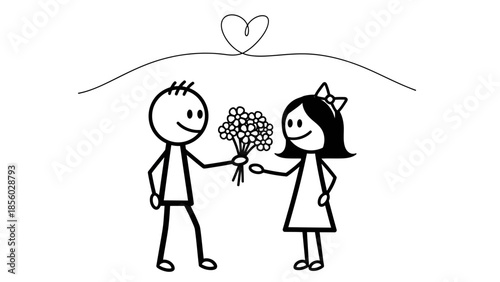 A smiling cartoon couple in love holding a heart balloon with their family