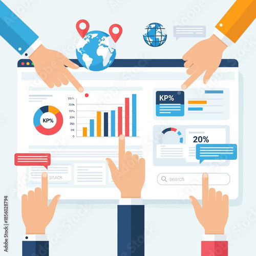 Illustration of multiple hands pointing to a large computer screen displaying graphs and charts with a globe on top for business analysis via RJ Whisk Auto