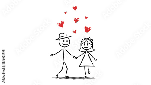 A romantic cartoon silhouette of a boy and girl in love holding hands like a bride and groom with hearts and flowers