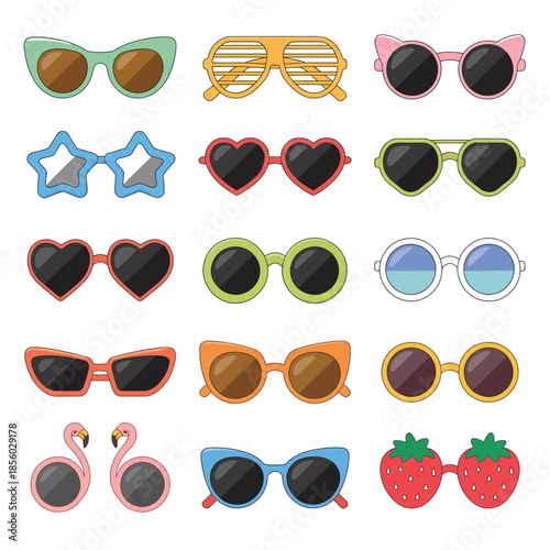 glasses vector cartoon eyeglasses and sunglasses in stylish shapes for party and fashion optical spectacles set of eyesight view accessories illustration isolated on white background.