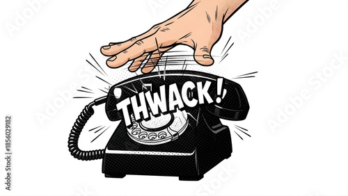 Aggravated hand slamming down an old rotary telephone with a forceful 'THWACK!' in a vintage comic book style illustration, depicting a dramatic and emotional end to a call