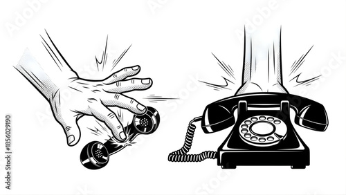 Hand grabbing a ringing vintage rotary telephone, symbolizing communication or a call