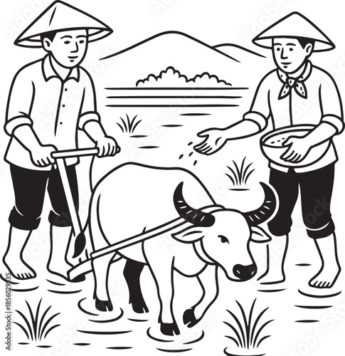 Two farmers in conical hats working in a rice paddy with a water buffalo farming agriculture