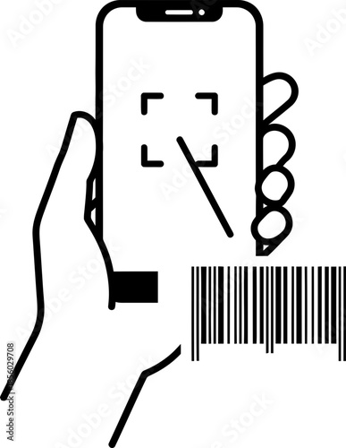 Hand holding smartphone scanning barcode with square scan frame. Digital scan payment system icon. QR scanner vector illustration. E-commerce concept
