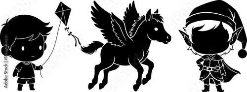 Set of black silhouette characters boy with kite pegasus and elf