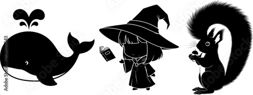 Silhouette collection of cartoon whale young witch and squirrel