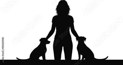 Person with dogs silhouette, seated pet bond, black outline, minimal art, calm gesture, animal care, loyalty pose, companion scene