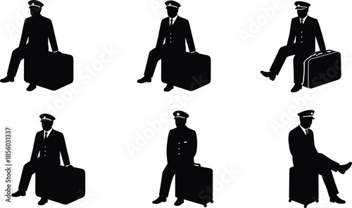 Pilot, silhouette, suitcase, travel, aviation, uniform, cap, sitting, waiting, airport, black, minimal, gesture, pose, journey, professional, airline, illustration, style, rest