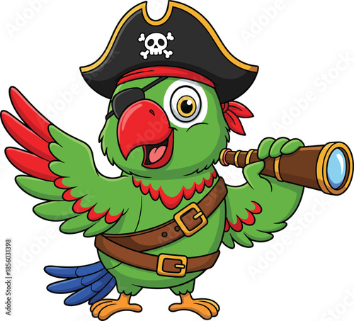 Pirate parrot, cartoon bird, telescope pose, colorful feathers, pirate costume, adventure theme, eye patch, expressive character, kids story, fun design