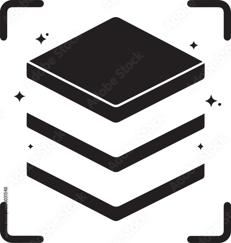 Layered effect icon with three stacked squares, material layers concept, depth and dimension graphic