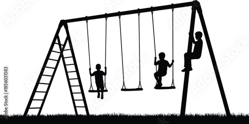 Playground silhouette, children playing, swing set, outdoor activity, climbing structure, grassy field, childhood fun, recreation, physical engagement, black and white