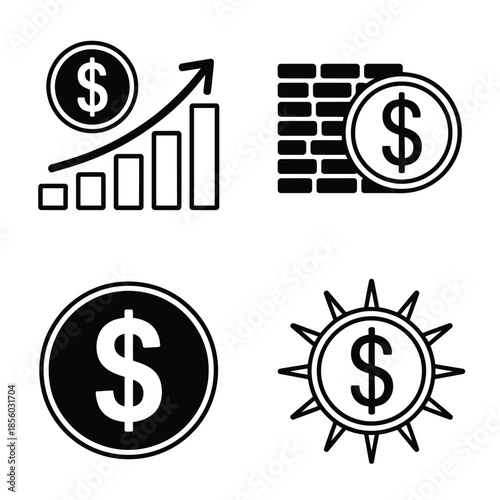 dollar currency graphic illustrations showing stacks of coins, paper bills, and financial success metaphors for e-commerce payment systems and corporate accounting marketing materials.