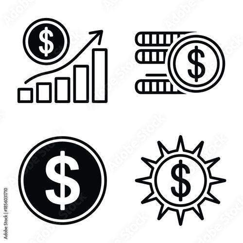 dollar currency graphic illustrations showing stacks of coins, paper bills, and financial success metaphors for e-commerce payment systems and corporate accounting marketing materials.