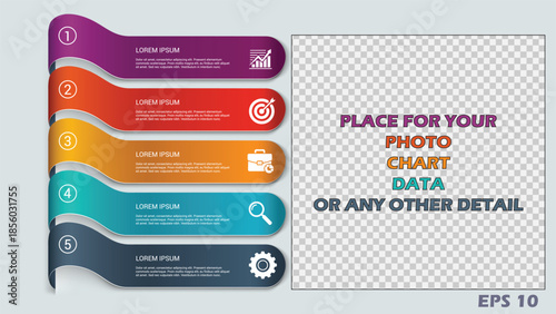 5 Step Business Infographic Template with Photo Placeholder. Curved Banners Marketing Flow Chart with Growth, Target, and Management Icons. Professional Vector Illustration for Presentations