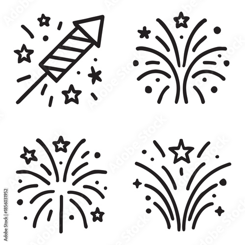Modern Fireworks Line Art Vector Icons for Celebration Design