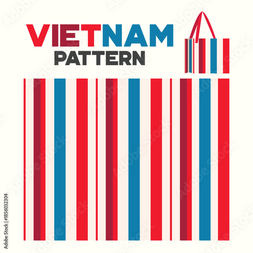 Vietnam-inspired vertical stripe pattern featuring bold red, blue, and neutral tones. This modern geometric design is commonly seen on traditional Vietnamese umbrellas, reflecting cultural harmony