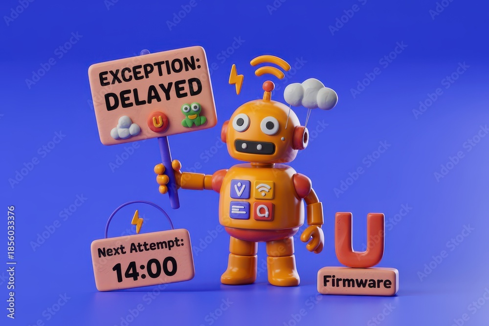 Fototapeta premium A cartoon robot holding a sign that reads exception delayed against a blue background with signs indicating next attempt and firmware update