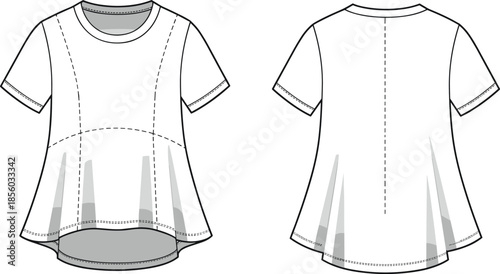 Peplum top sketch, princess seams, high-low hem, round neckline, fashion flat, garment design, clothing template, apparel illustration, vector outline, feminine style