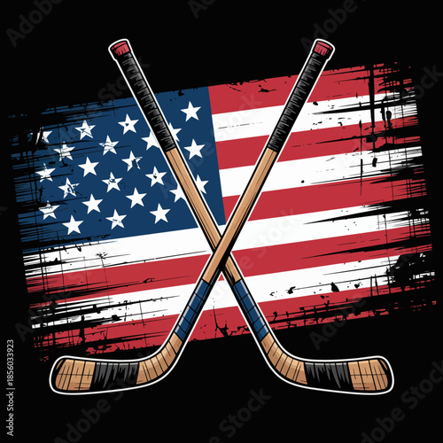 Two crossed hockey sticks are depicted over a grungy, unevenly painted American flag.